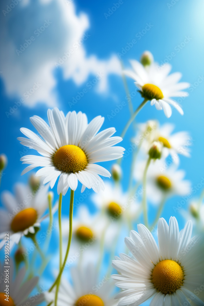Bunch of daisies in field with blue sky in the background. Generative AI.