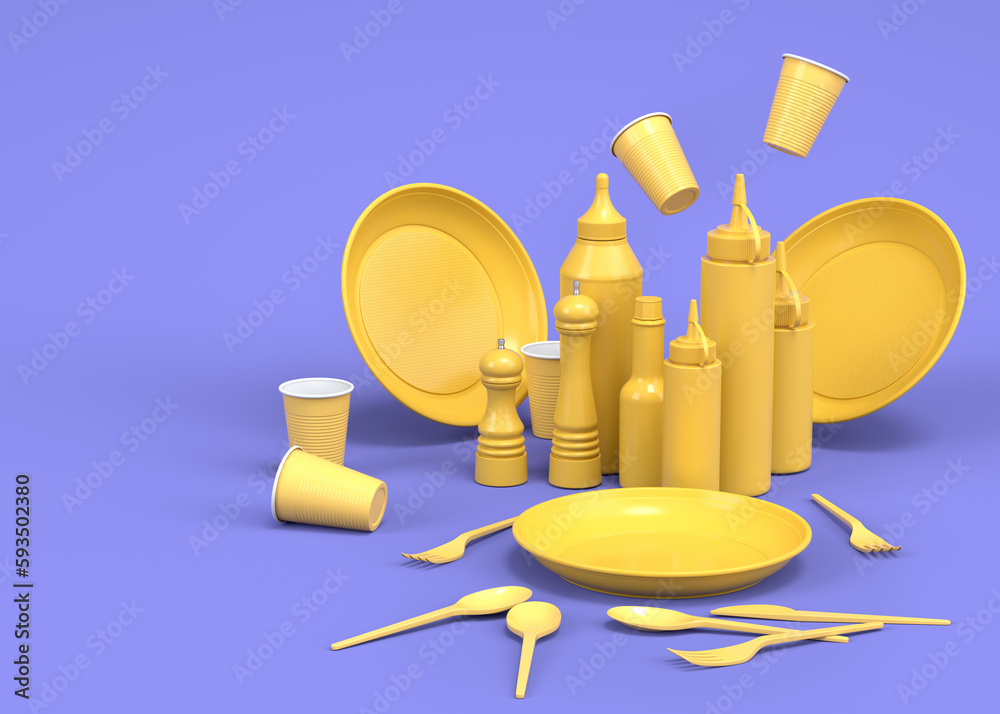 Set of disposable utensils like plate, folk, spoon,knife, cup and pepper mill