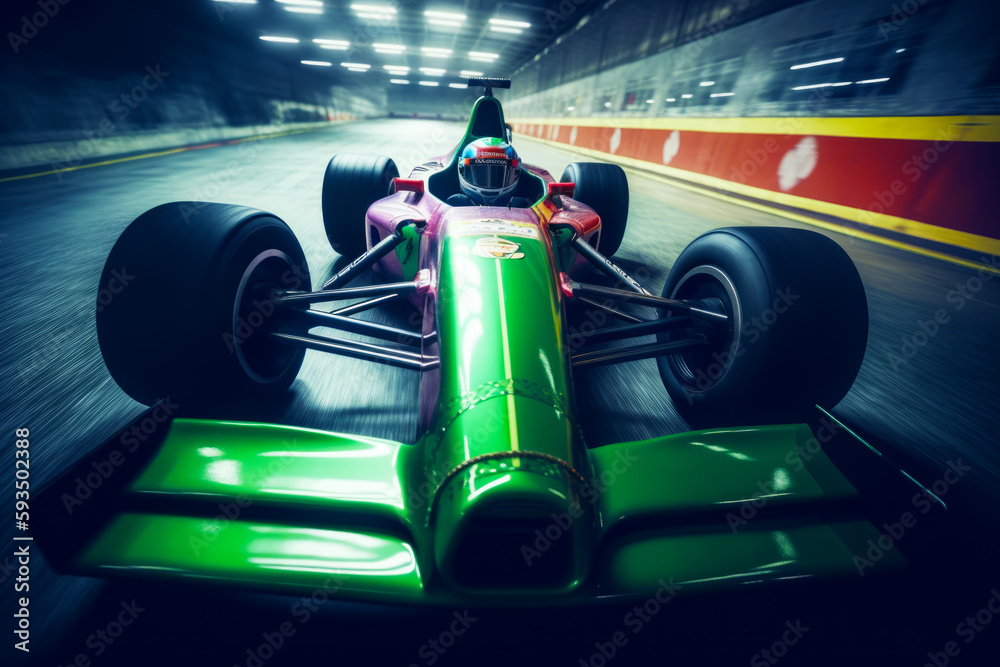 Man driving green race car on top of track in tunnel. Generative AI.