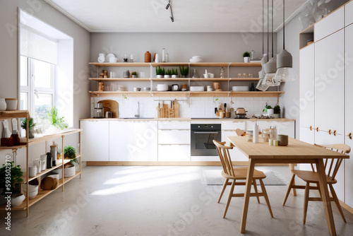 Kitchen filled with lots of wooden furniture and wooden dining room table. Generative AI.