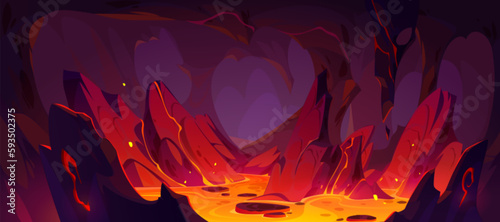 Game background of hell with lava in rock cave. Fantasy landscape of inferno with fiery molten magma flows in stone mountain tunnel, vector cartoon illustration