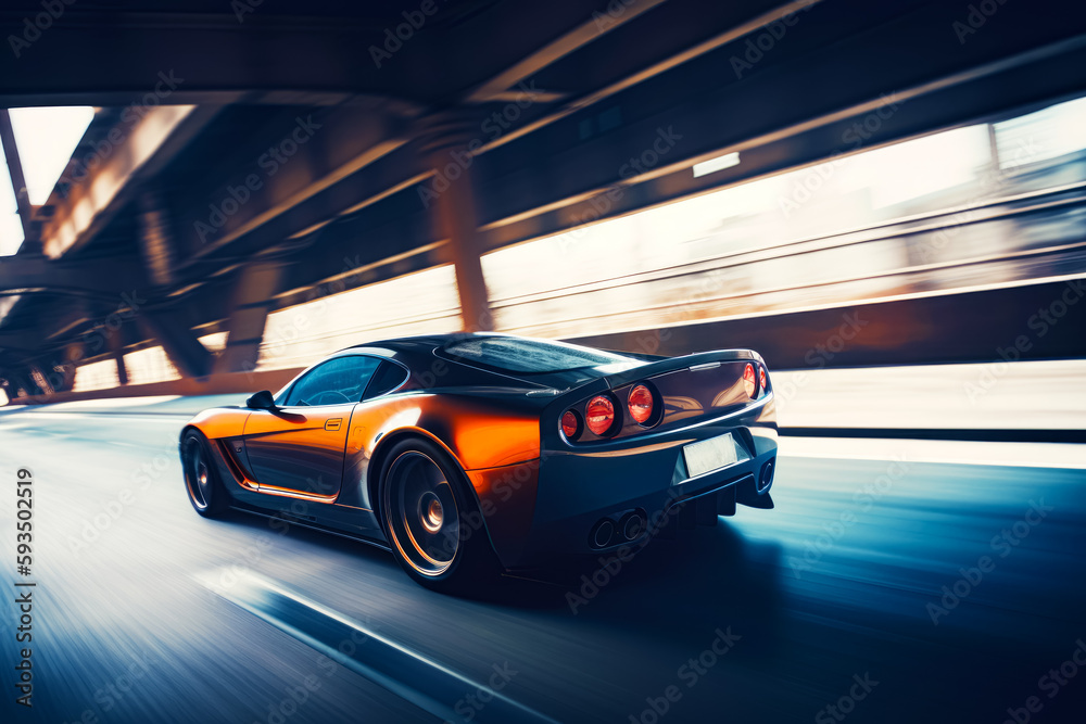 Black and orange sports car driving down the road in tunnel with blurry background. Generative AI.