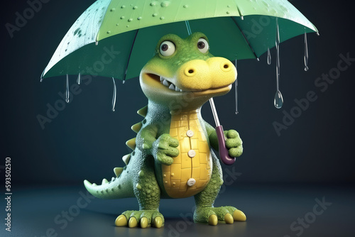  Cute Cartoon Alligator Character Holding an Umbrella in the Rain  generative AI