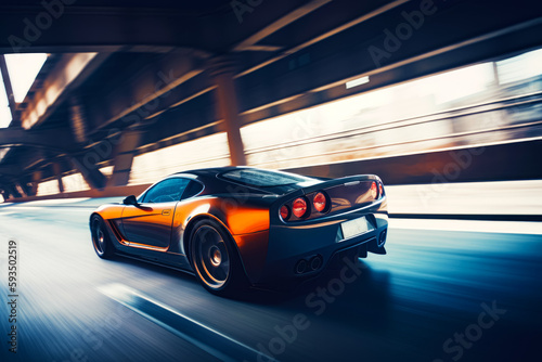 Black and orange sports car driving down the road in tunnel with blurry background. Generative AI.