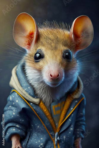 Image of mouse wearing blue jacket with yellow hoodie. Generative AI.