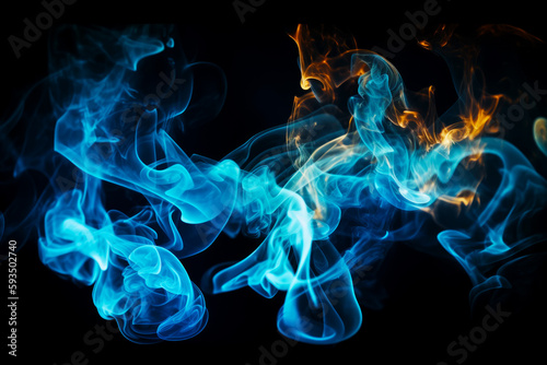 Blue and yellow smoke on black background with black backgroud. Generative AI.