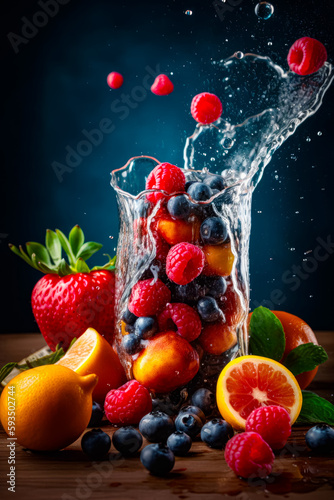 Pitcher filled with water next to pile of fruits and berries on table. Generative AI.
