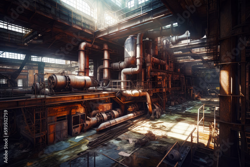 Image of large industrial building with pipes and pipes on the floor. Generative AI.
