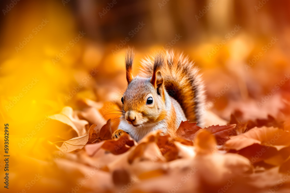 Squirrel is sitting in pile of leaves and looking at the camera. Generative AI.