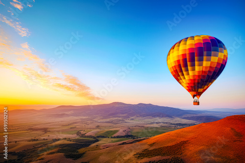 Colorful hot air balloon flying over lush green valley under blue sky. Generative AI.