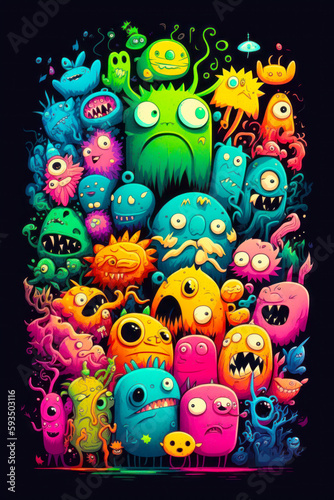 Bunch of different colored monsters in the middle of pile of them. Generative AI.