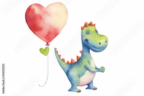 Watercolor painting of dinosaur holding heart shaped balloon with heart shaped balloon attached to it. Generative AI.