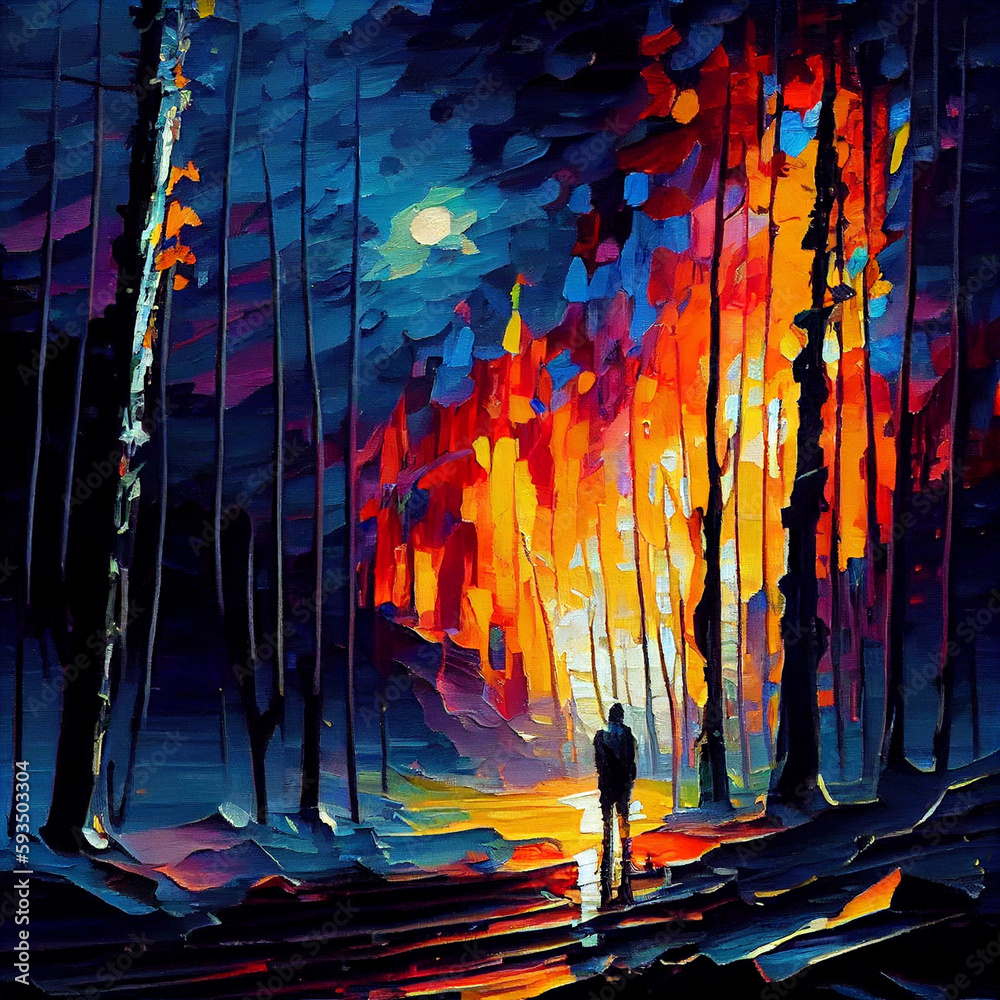 Oil painting  fragrant breeze, wooded hillside, stars,vibrant vivid light colors