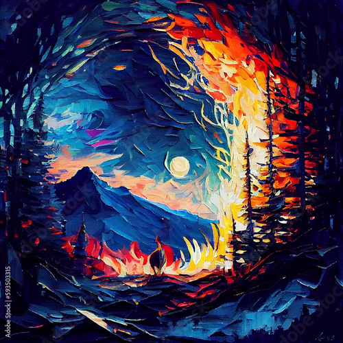Oil painting  fragrant breeze, wooded hillside, stars,vibrant vivid light colors