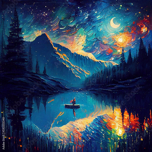 Oil painting  fragrant breeze, wooded hillside, stars,vibrant vivid light colors