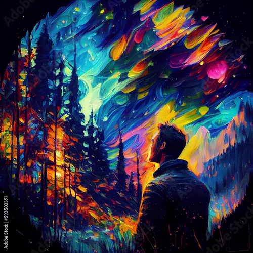 Oil painting  fragrant breeze, wooded hillside, stars,vibrant vivid light colors
