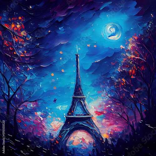 Oil painting Eiffel tower, black kitty, fragrant breeze, magnificent starry sky