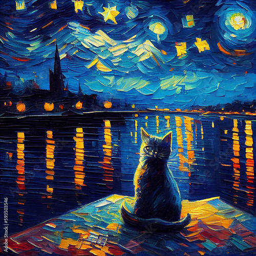 Oil painting Eiffel tower, black kitty, fragrant breeze, magnificent starry sky