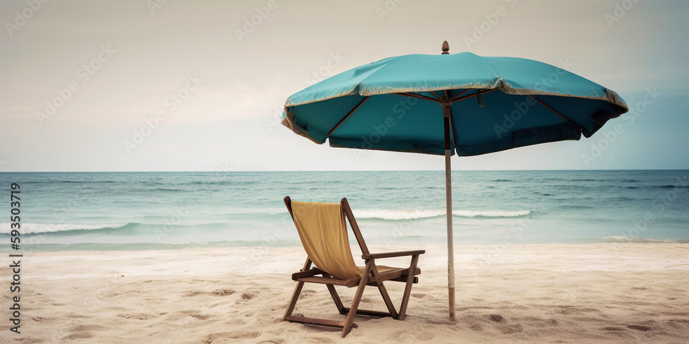 Beach chair and umbrella on beautiful beach. Travel paradise concept. Generative AI