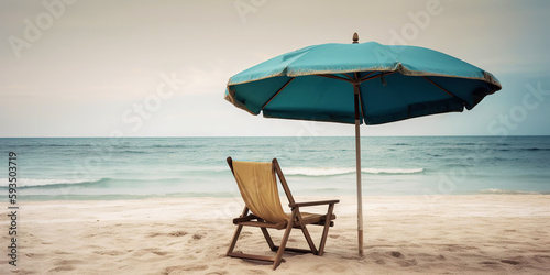 Beach chair and umbrella on beautiful beach. Travel paradise concept. Generative AI