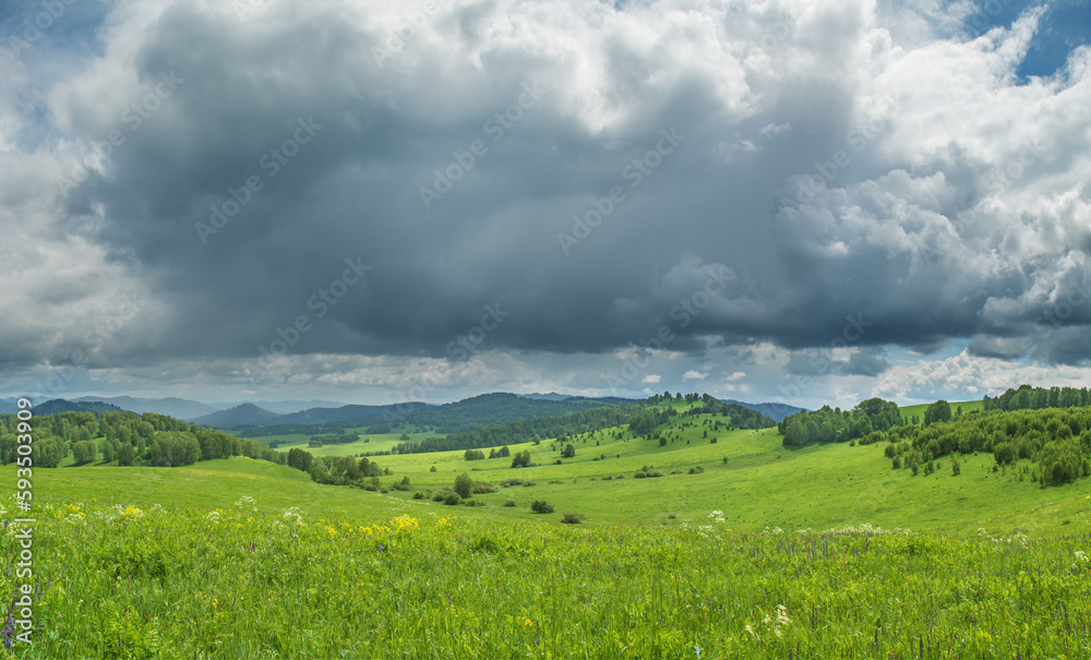 View of a summer day in the mountains, green meadows, mountain slopes and hills, countryside