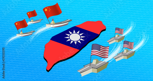 Concept risks to Taiwan of War with China. United States defend Taiwan. Military emergencies, US-China conflict. The hazard of Taiwan. Vector illustration.