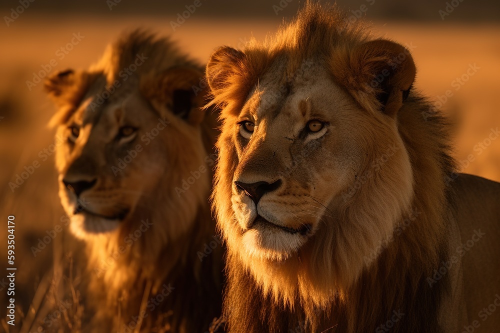 Majestic Lions Roaming the Vast Savannah at Sunset