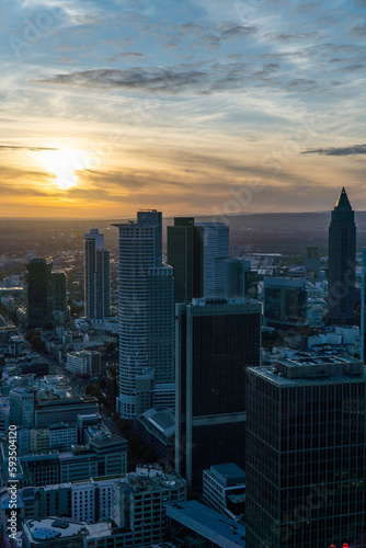 Fototapeta Naklejka Na Ścianę i Meble -  Aerial view of the Frankfurt skyline during sunset