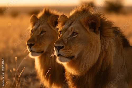 Majestic Lions Roaming the Vast Savannah at Sunset © Stipe