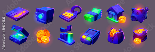 Blue finance game icon vector set with glow. Bank vault money cartoon illustration with wallet, piggy, coin bag and pos terminal for infographic. Payment account element design for banking interface.
