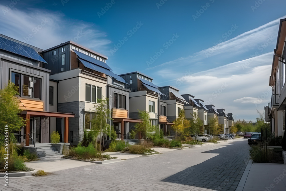 Sustainable Living in the Urban Landscape: Beautiful Residential Houses with Solar Panels and Electric Cars on a Green Street, Generative AI Sustainable Living in the Urban Landscape: Beautiful Residential Houses with Solar Panels and Electric Cars on a Green Street, Generative AI