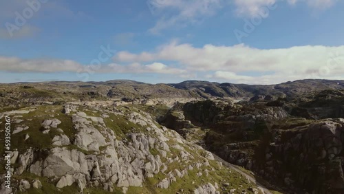 Ascending aerial view of epic landscape moving slowly while floating above glacial lakes and mountain hills. Drone shot near Lysebotn, Norway photo