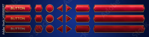 Red ui vector button animation for game interface cartoon set. Hover banner gold frame design isolated on dark background. Arrow, circle and signboard label for player menu. Log bar click collection