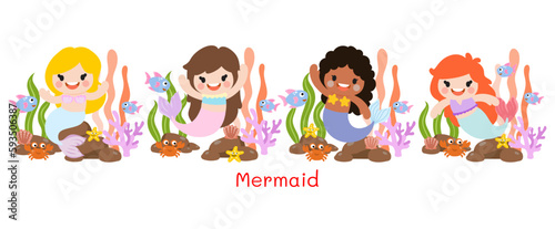 Mermaids Flat Clipart, sea animals and ocean life objects