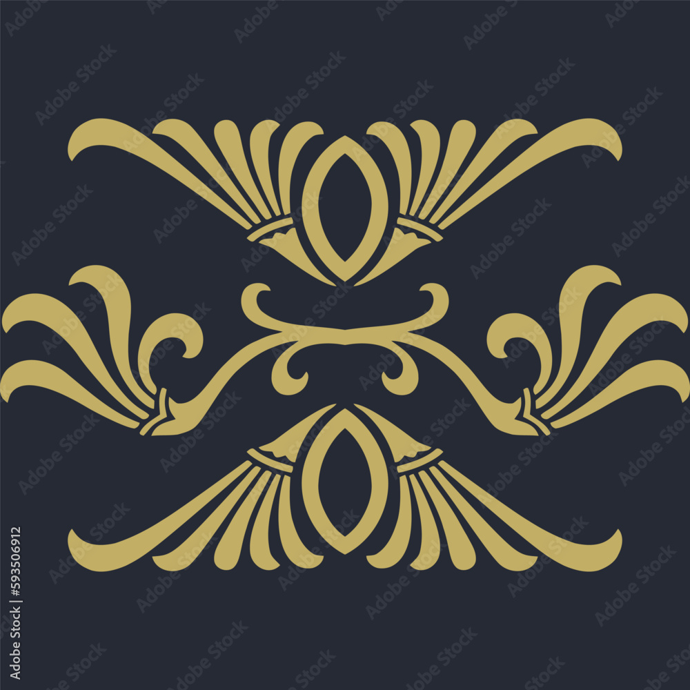 A gold design and a black background.