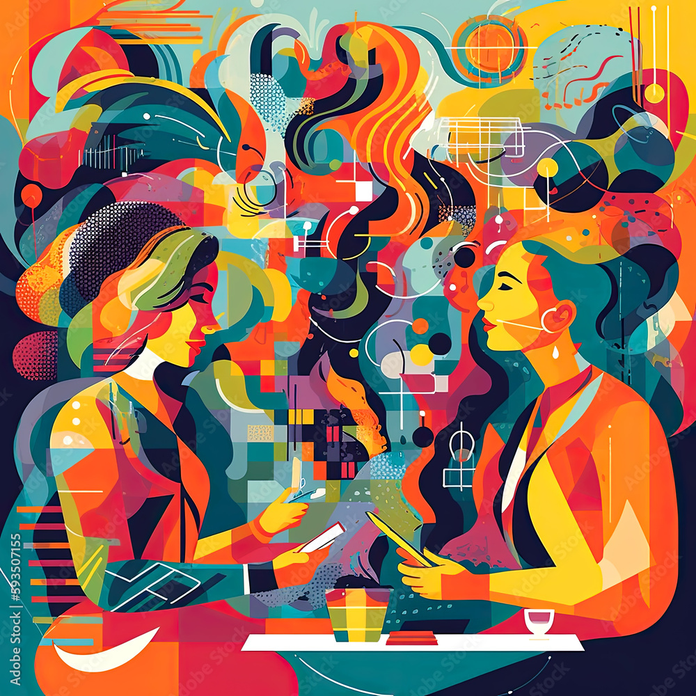 Abstract art collage: two business women brainstorming while searching for creative ideas and solutions Abstract art collage: two business women brainstorming while searching for creative ideas and solutions