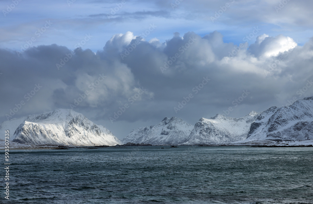 Winter stormy landscape of Skagsanden beach, Flakstad, Lofoten islands, Norway, Europe	