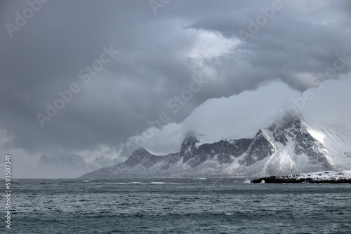 Winter stormy landscape of Skagsanden beach  Flakstad  Lofoten islands  Norway  Europe 