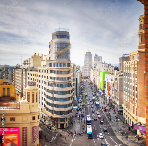 Panoramic view of the Callao square with business skyscrapers and big traffic.