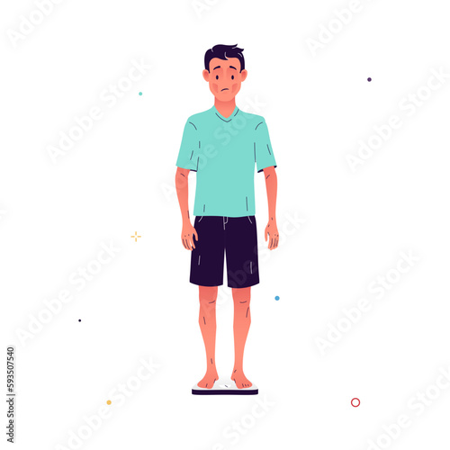 Vector illustration of a sad man standing on the scales and suffering from unexplained weight loss. Character with low body weight. Weight loss is a symptom of diabetes, depression, IBS, cancer.