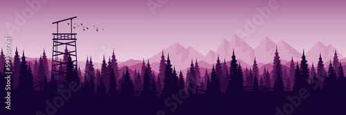 misty morning sunrise mountain with pine tree forest silhouette landscape vector illustration good for web banner, ads banner, tourism banner, wallpaper, background template, and adventure design