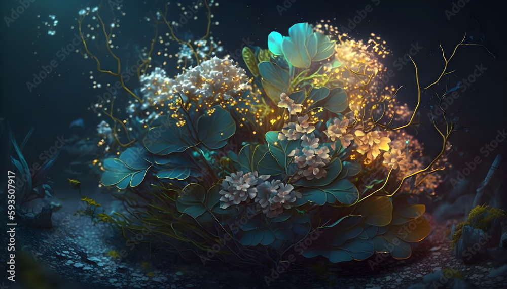 Magical iridescent flowers in dark mystery forest