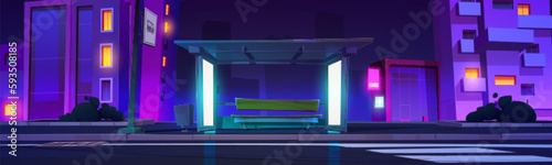 Night neon bus stop on street road vector background. Empty station on pavement in town for urban public transport wait. Panoramic front view for outdoor modern architecture and highway with nobody