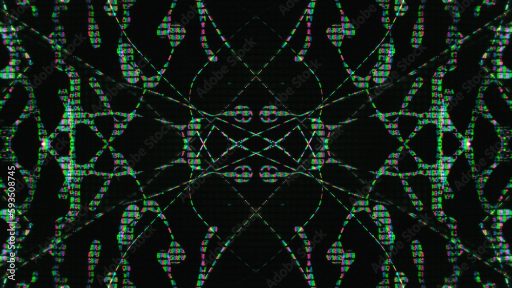Glitch art. Digital fractal. Distortion ornament. Green pink blue color glowing liquid crystal symmetrical pixel noise creative dark black abstract illustration background.