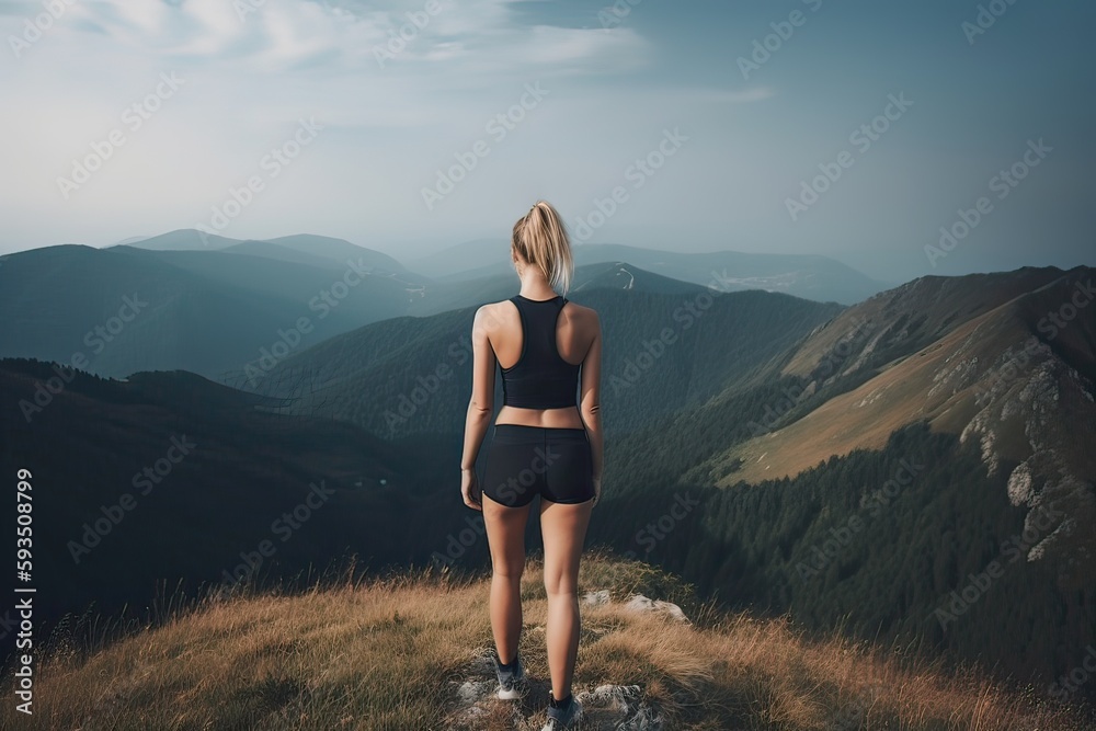 Fototapeta premium view from behind fitness girl standing on top of the mountain. woman in sportswear standing on the mountain. Generative Ai.
