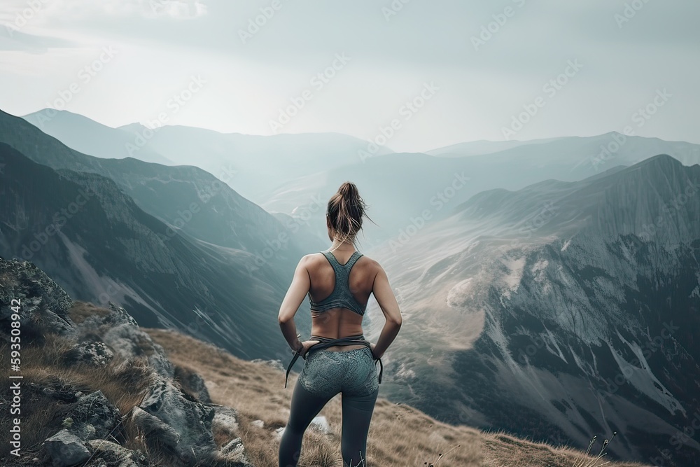 Fototapeta premium view from behind fitness girl standing on top of the mountain. woman in sportswear standing on the mountain. Generative Ai.
