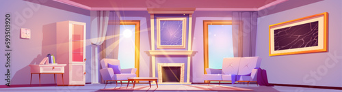 Living room interior with fireplace and modern furniture in morning. Empty lounge with sofa, armchair, coffee table, big windows and picture on wall, vector cartoon illustration