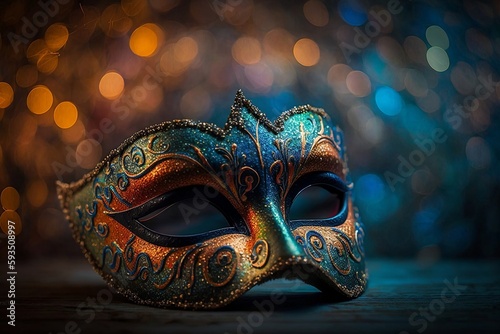 Top View of Venetian Mask, Mardi Gras Mask, or Disguise on Bokeh Background - Illustration for Sale, Generative Ai