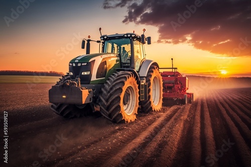 Agricultural Tractor Sowing Seeds at Sunset in Countryside - Illustration, Generative Ai © Flowstudio