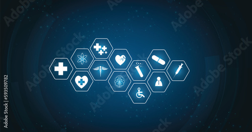 Healthcare and technology concept with flat icons and symbols. Template design for health care business, innovation medicine, pharmaceutical industry, science background, medical research.